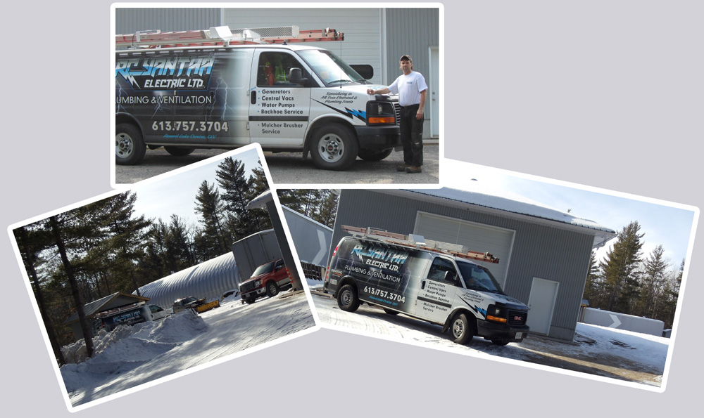 Our trucks outside the storage and equipment trailers.