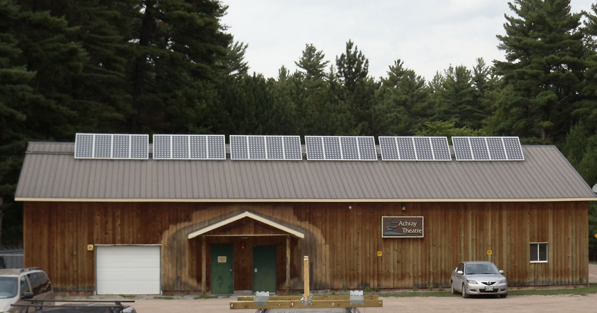 Solar panels on the roof of a wooden building